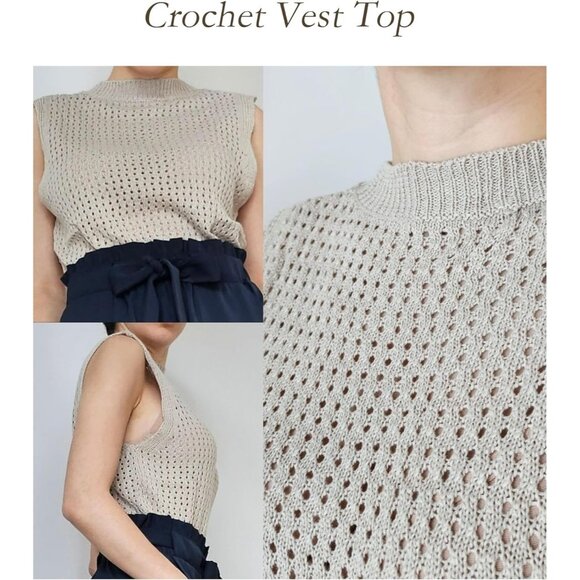 🆕 Women Khaki Mesh Crochet Tank Top Sexy Sleeveless Crew Neck Knit Loose Shirt - Picture 5 of 7